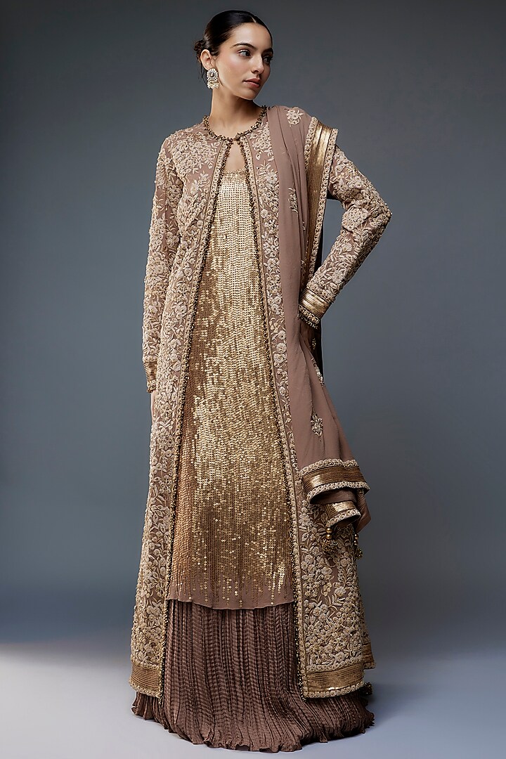 Mouse Colored Chiffon Thread Embroidered Jacket Set by Nakul Sen