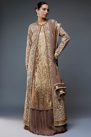 Mouse Colored Chiffon Thread Embroidered Jacket Set by Nakul Sen