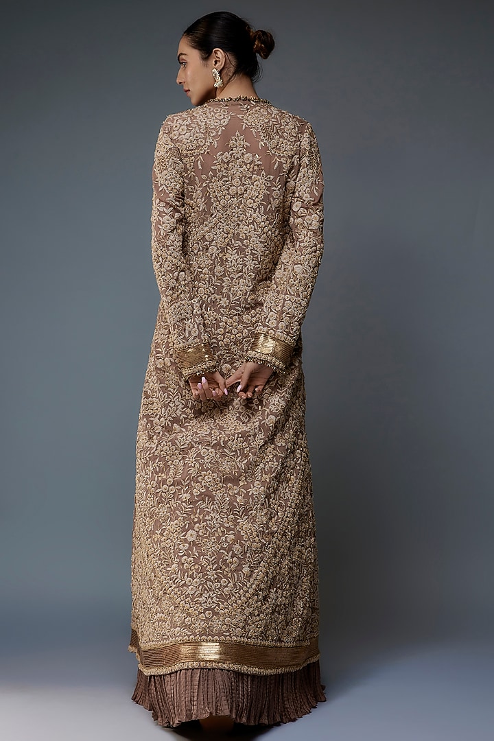 Mouse Colored Chiffon Thread Embroidered Jacket Set by Nakul Sen at Pernia's Pop Up Shop