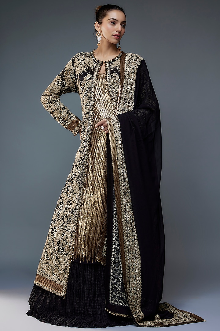 Black Chiffon Thread Embroidered Jacket Set by Nakul Sen at Pernia's Pop Up Shop