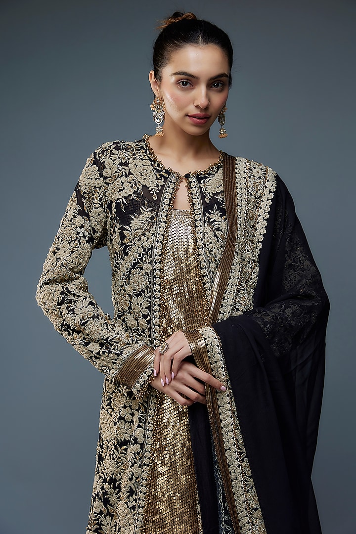 Black Chiffon Thread Embroidered Jacket Set by Nakul Sen at Pernia's Pop Up Shop