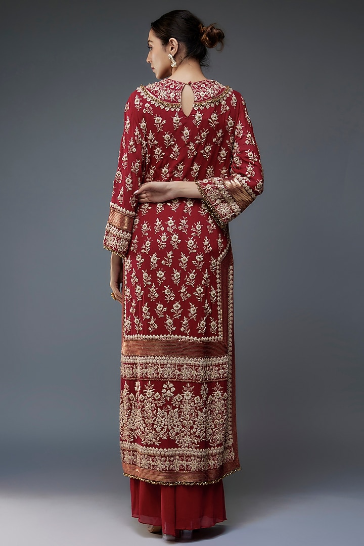 Red Chiffon Thread & Sequins Embroidered Kurta Set by Nakul Sen at Pernia's Pop Up Shop