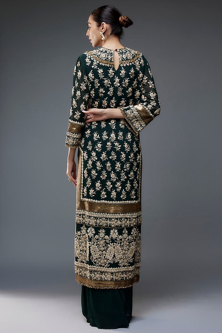 Bottle Green Chiffon Thread & Sequins Embroidered Kurta Set by Nakul Sen at Pernia's Pop Up Shop