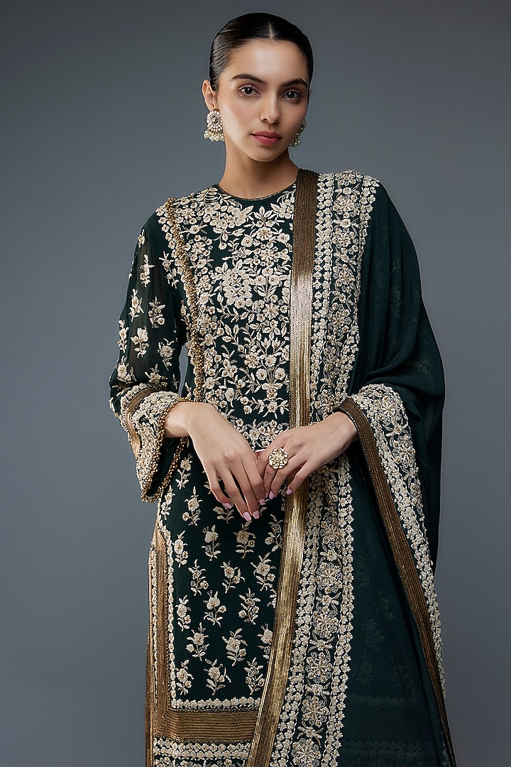 Bottle Green Chiffon Thread & Sequins Embroidered Kurta Set by Nakul Sen at Pernia's Pop Up Shop