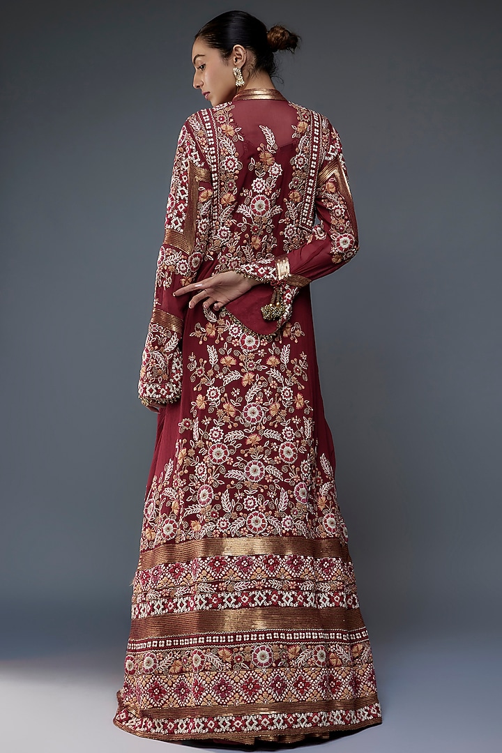 Red Chiffon Thread & Sequins Embroidered Jacket Set by Nakul Sen at Pernia's Pop Up Shop
