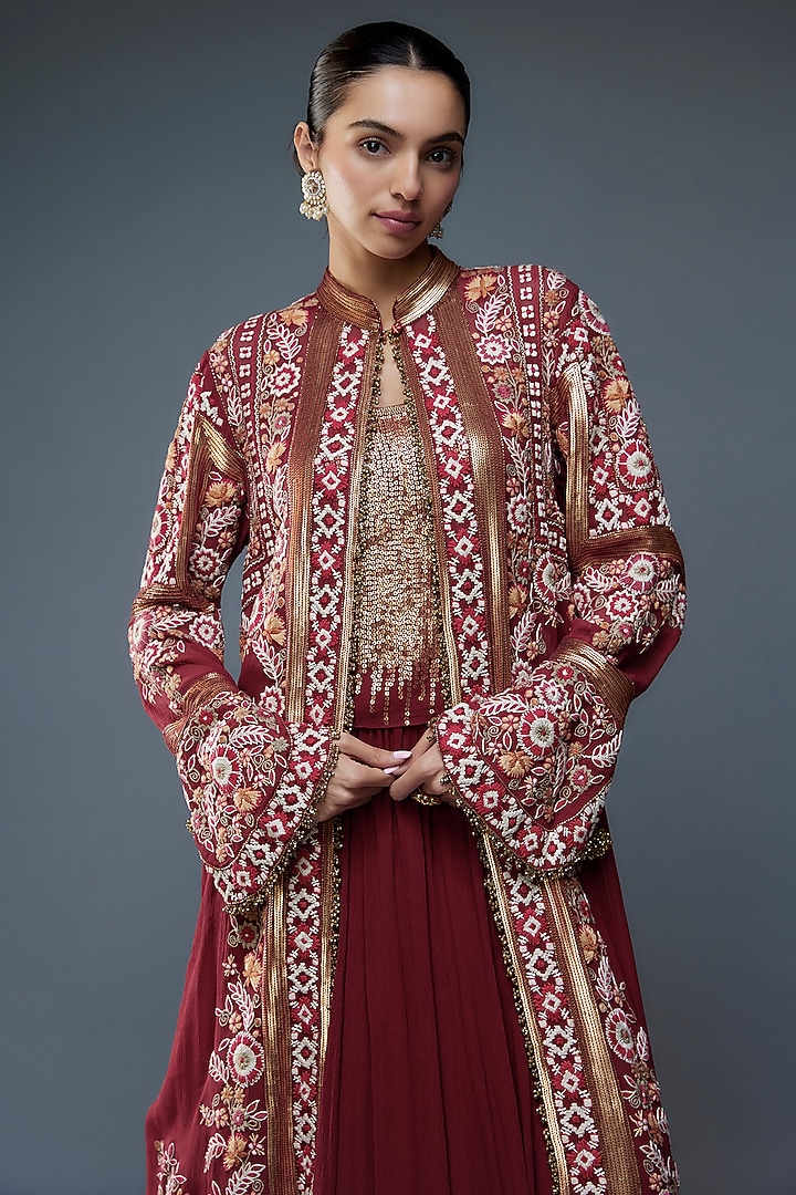Red Chiffon Thread & Sequins Embroidered Jacket Set by Nakul Sen at Pernia's Pop Up Shop