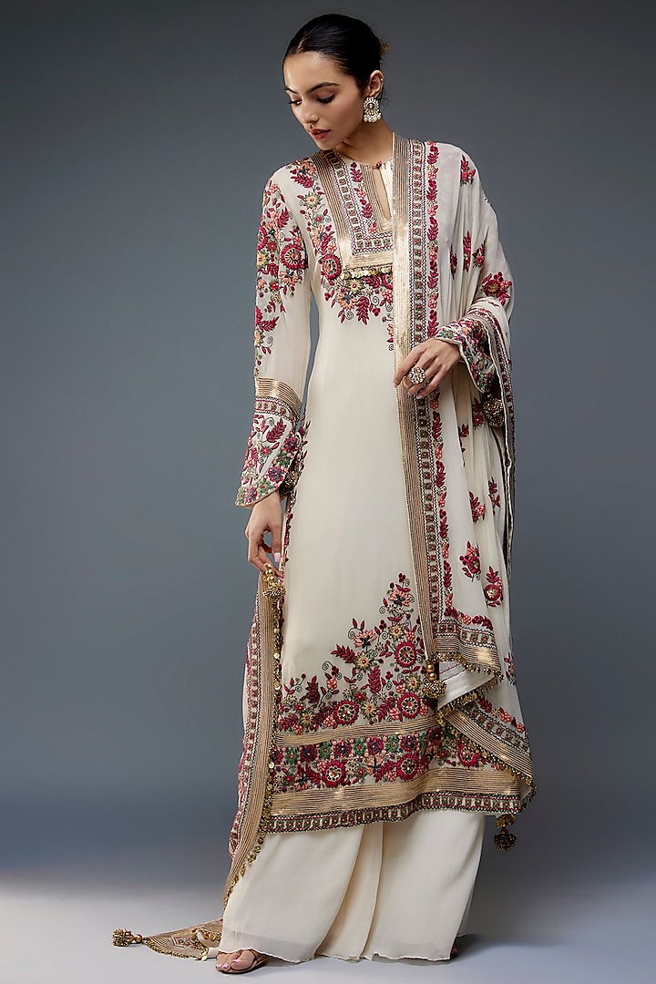 Ivory Chiffon Thread & Sequins Embroidered Kurta Set by Nakul Sen at Pernia's Pop Up Shop