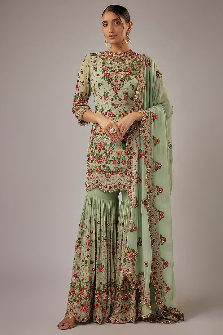 Porcelain Blue Chiffon Floral Thread Embroidered Bridal Sharara Set by Nakul Sen at Pernia's Pop Up Shop