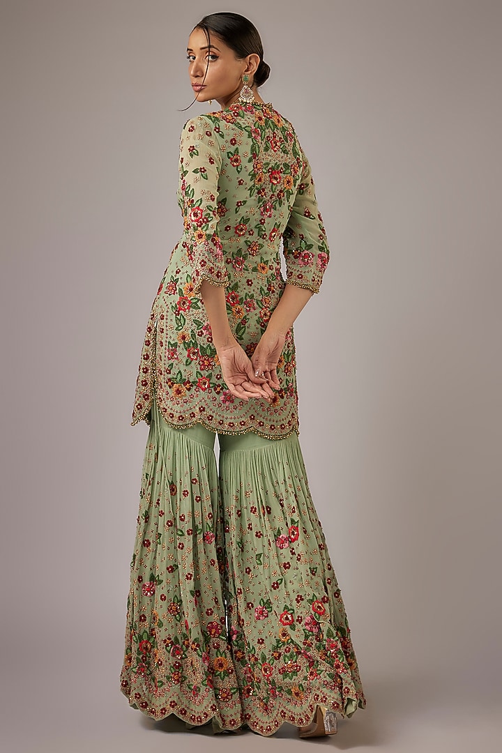 Porcelain Blue Chiffon Floral Thread Embroidered Bridal Sharara Set by Nakul Sen at Pernia's Pop Up Shop