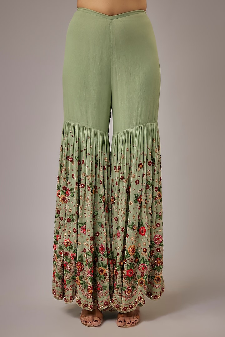 Porcelain Blue Chiffon Floral Thread Embroidered Bridal Sharara Set by Nakul Sen at Pernia's Pop Up Shop