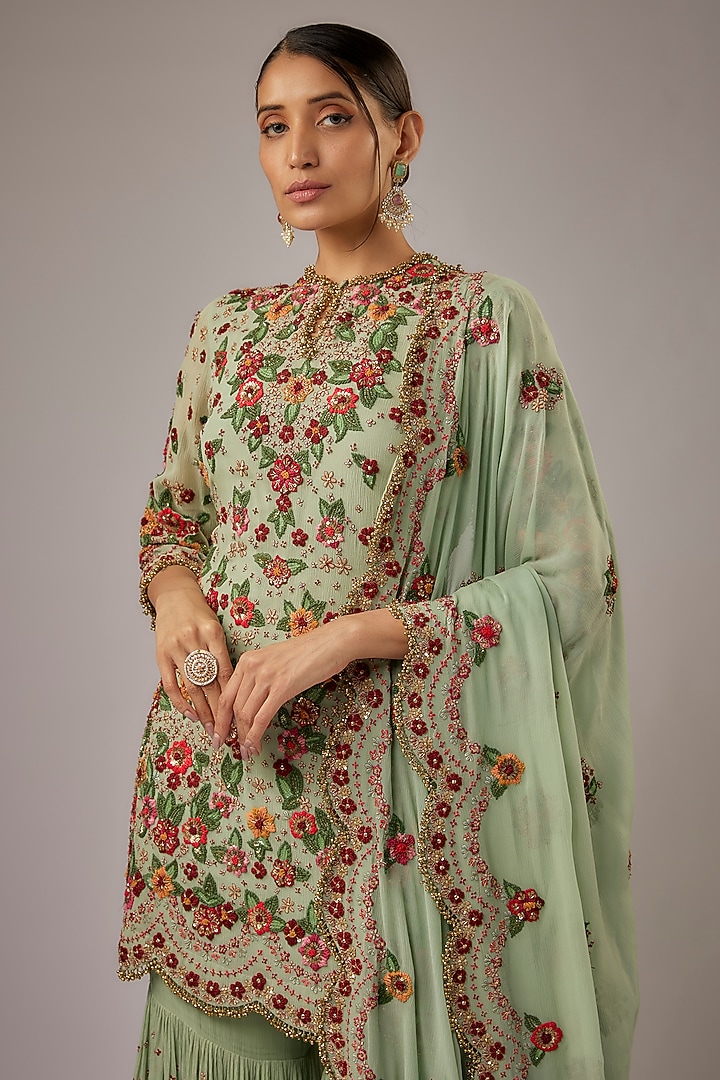 Porcelain Blue Chiffon Floral Thread Embroidered Bridal Sharara Set by Nakul Sen at Pernia's Pop Up Shop