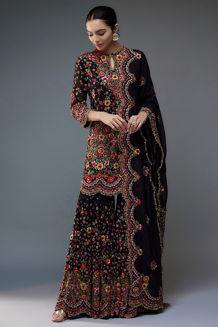 Black Chiffon Floral Thread Embroidered Bridal Sharara Set by Nakul Sen at Pernia's Pop Up Shop
