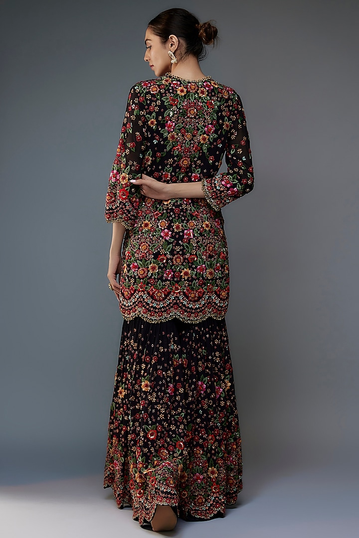 Black Chiffon Floral Thread Embroidered Bridal Sharara Set by Nakul Sen at Pernia's Pop Up Shop