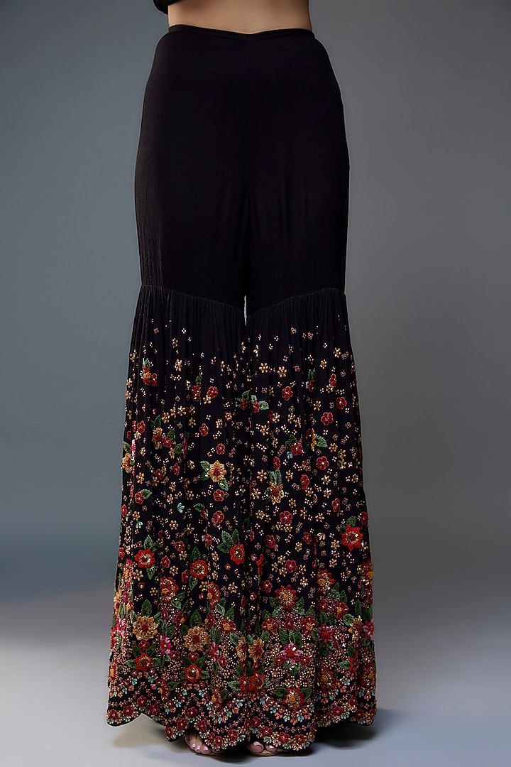 Black Chiffon Floral Thread Embroidered Bridal Sharara Set by Nakul Sen at Pernia's Pop Up Shop