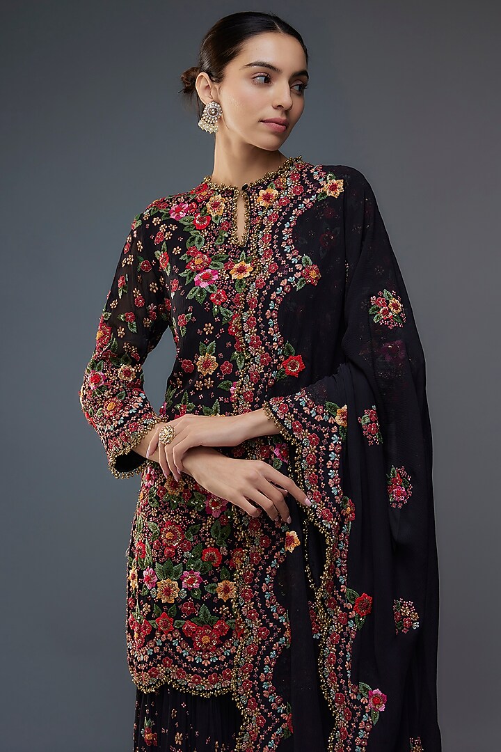 Black Chiffon Floral Thread Embroidered Bridal Sharara Set by Nakul Sen at Pernia's Pop Up Shop