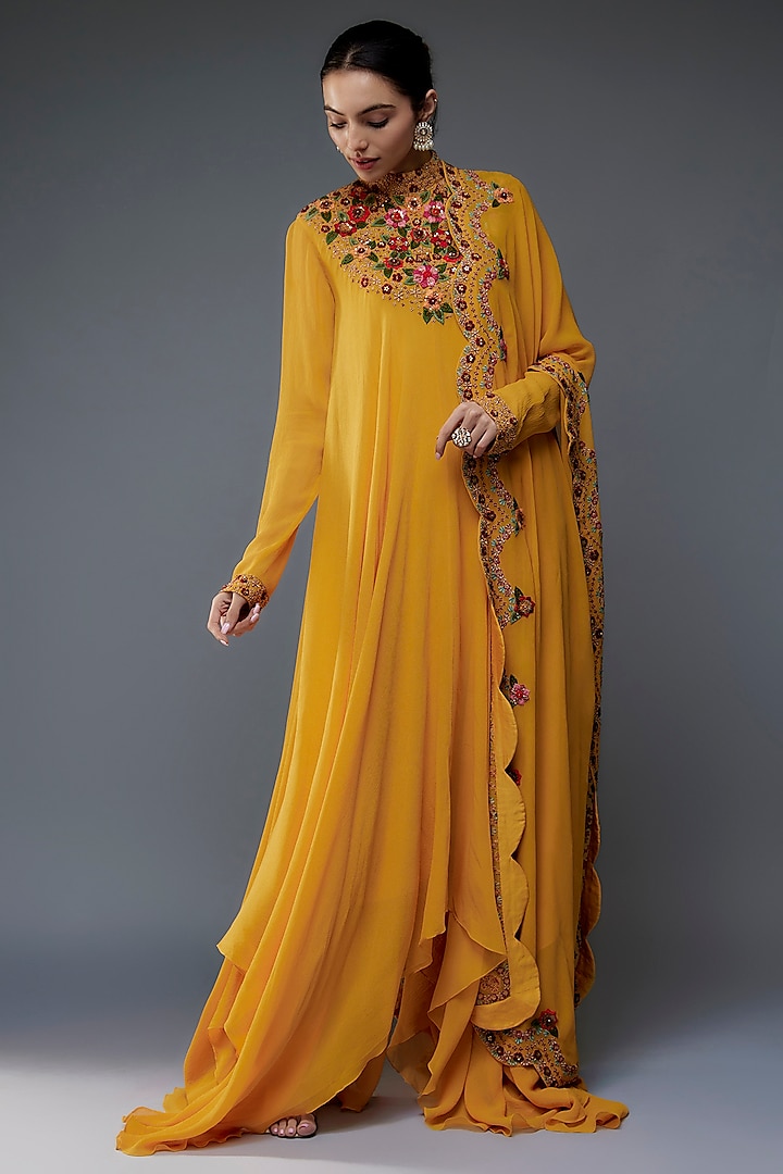 Pumpkin Yellow Chiffon Floral Thread Embroidered Asymmetrical Kurta Set by Nakul Sen at Pernia's Pop Up Shop