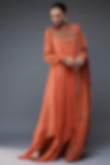 Coral Chiffon Floral Thread Embroidered Asymmetrical Kurta Set by Nakul Sen at Pernia's Pop Up Shop