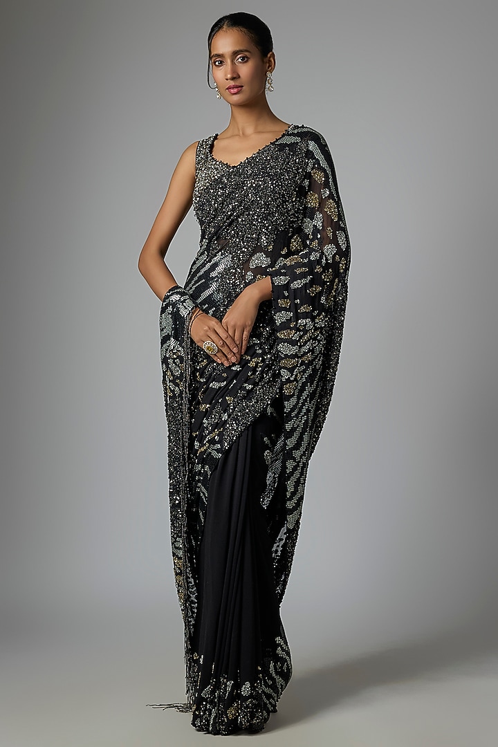 Black Chiffon Sequins Embroidered Bridal Saree Set by Nakul Sen at Pernia's Pop Up Shop