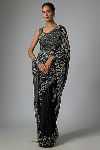 Black Chiffon Sequins Embroidered Saree Set by Nakul Sen