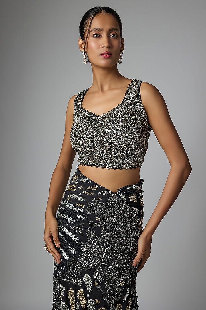 Black Chiffon Sequins Embroidered Bridal Saree Set by Nakul Sen at Pernia's Pop Up Shop