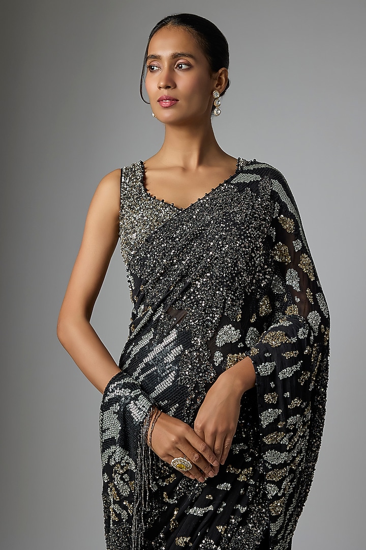 Black Chiffon Sequins Embroidered Bridal Saree Set by Nakul Sen at Pernia's Pop Up Shop