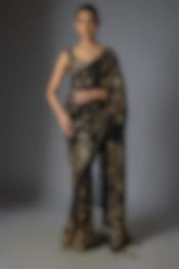 Black & Gold Chiffon Sequins Embroidered Bridal Saree Set by Nakul Sen at Pernia's Pop Up Shop