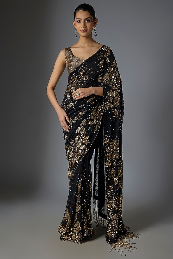 Black & Gold Chiffon Sequins Embroidered Bridal Saree Set by Nakul Sen at Pernia's Pop Up Shop