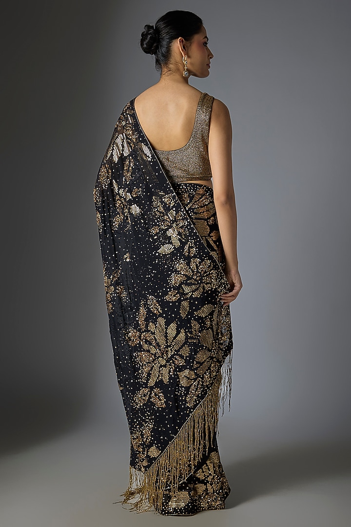 Black & Gold Chiffon Sequins Embroidered Bridal Saree Set by Nakul Sen at Pernia's Pop Up Shop