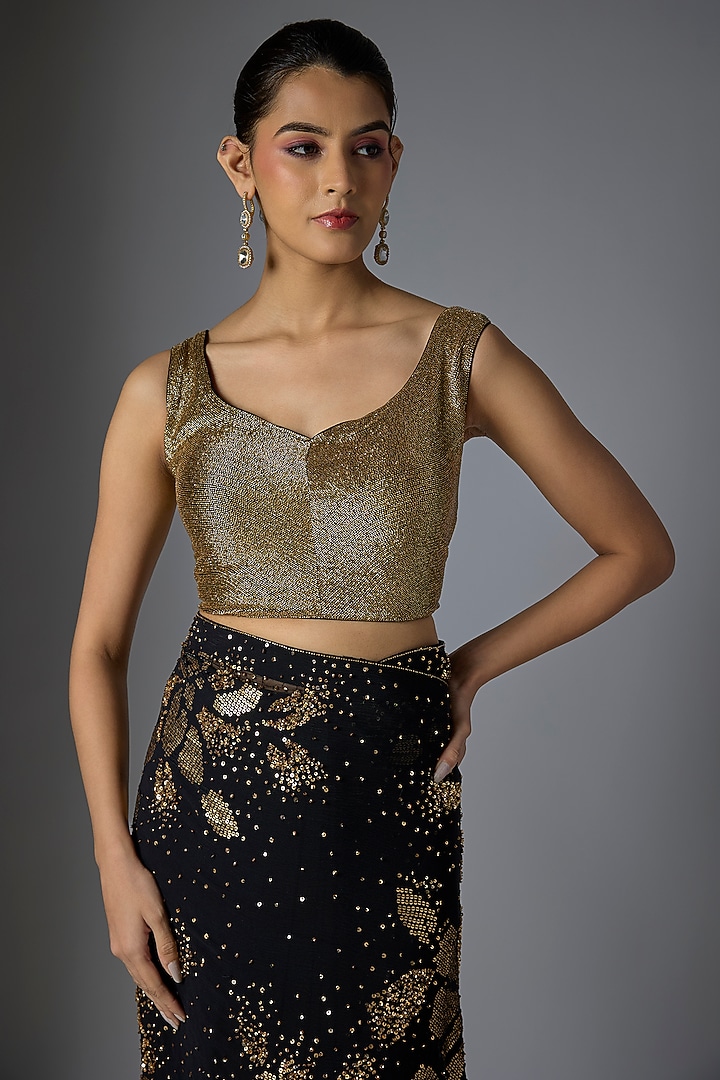 Black & Gold Chiffon Sequins Embroidered Bridal Saree Set by Nakul Sen at Pernia's Pop Up Shop