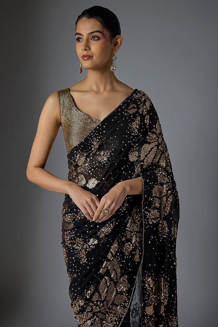Black & Gold Chiffon Sequins Embroidered Bridal Saree Set by Nakul Sen at Pernia's Pop Up Shop
