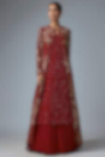 Red Chiffon Sequins Embroidered Jacket Set by Nakul Sen at Pernia's Pop Up Shop