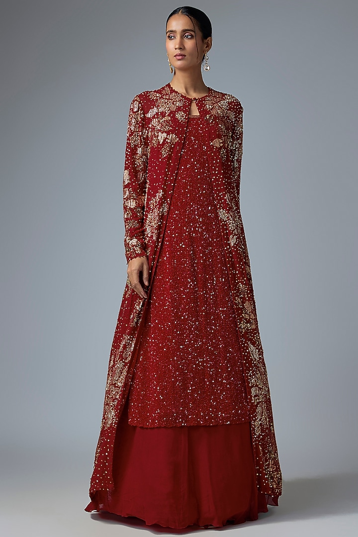 Red Chiffon Sequins Embroidered Jacket Set by Nakul Sen at Pernia's Pop Up Shop