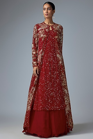 Red Chiffon Sequins Embroidered Jacket Set by Nakul Sen