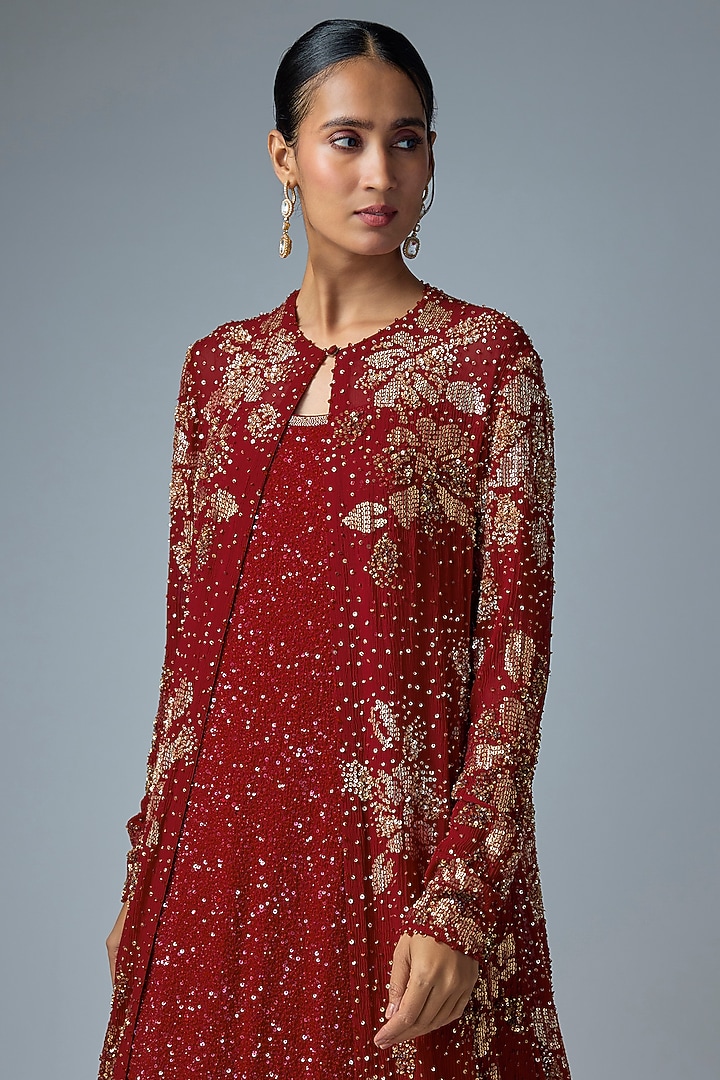 Red Chiffon Sequins Embroidered Jacket Set by Nakul Sen at Pernia's Pop Up Shop