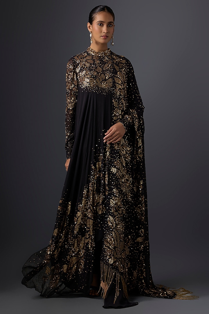 Black Chiffon Sequins Embroidered Kurta Set by Nakul Sen at Pernia's Pop Up Shop