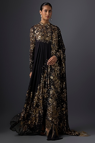 Black Chiffon Sequins Embroidered Kurta Set by Nakul Sen