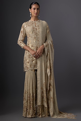 Mushroom-Colored Chiffon Sequins Embroidered Gharara Set by Nakul Sen