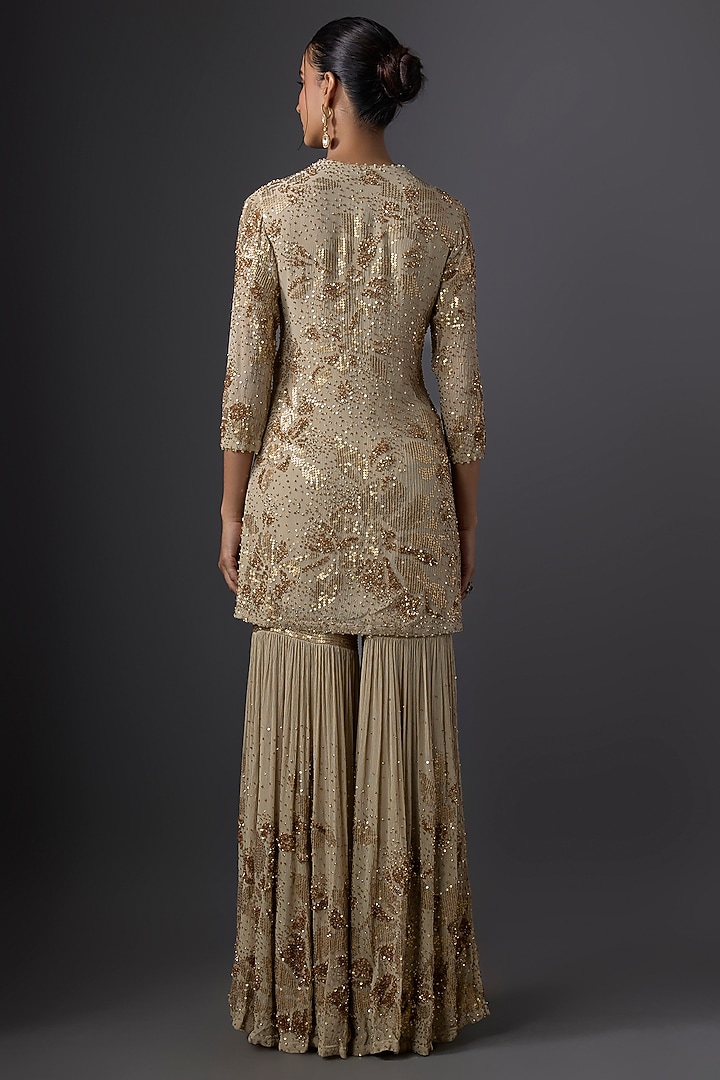 Mushroom-Colored Chiffon Sequins Embroidered Gharara Set by Nakul Sen at Pernia's Pop Up Shop