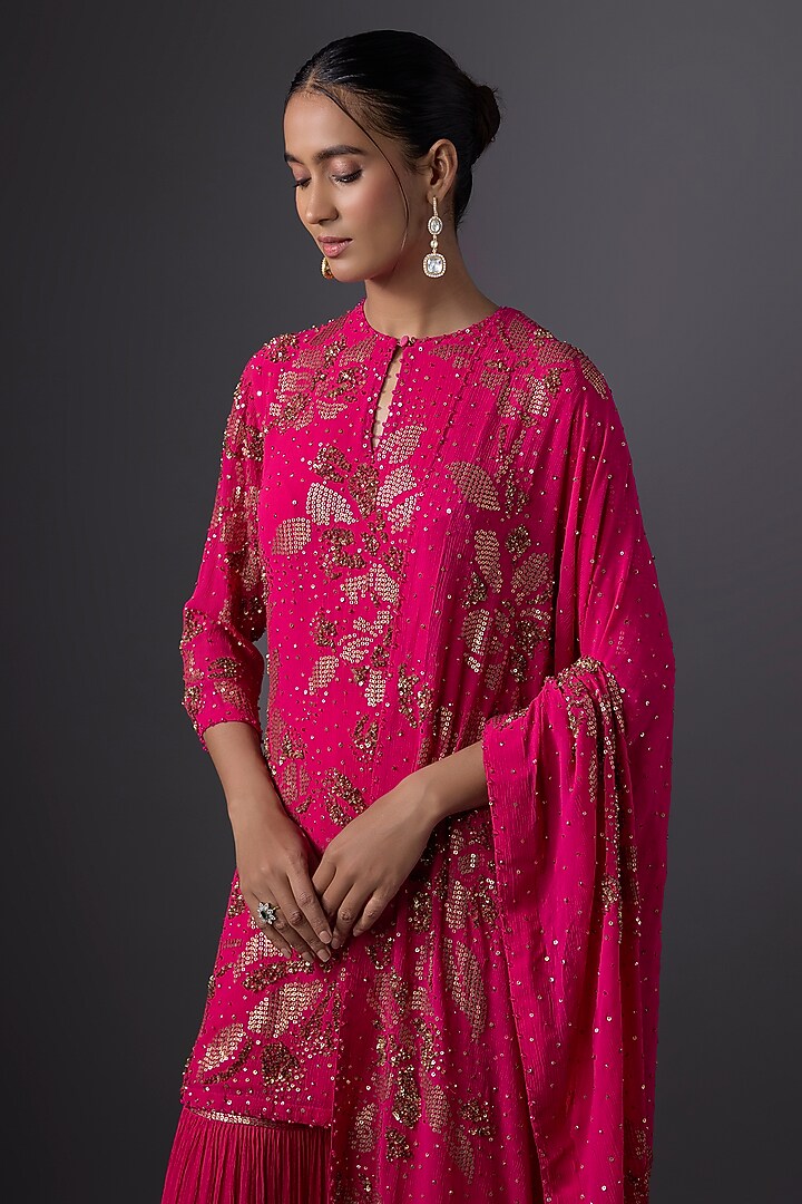 Rani Pink Chiffon Sequins Embroidered Gharara Set by Nakul Sen at Pernia's Pop Up Shop
