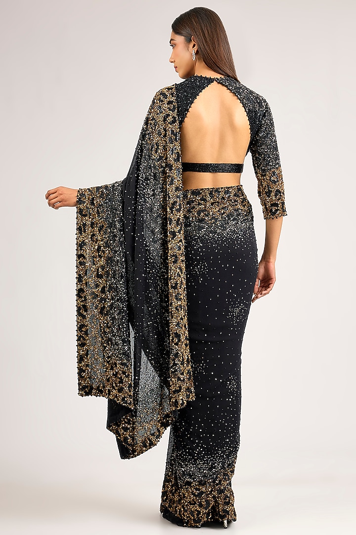 Black Chinon Sequins Embroidered Bridal Saree Set by Nakul Sen at Pernia's Pop Up Shop