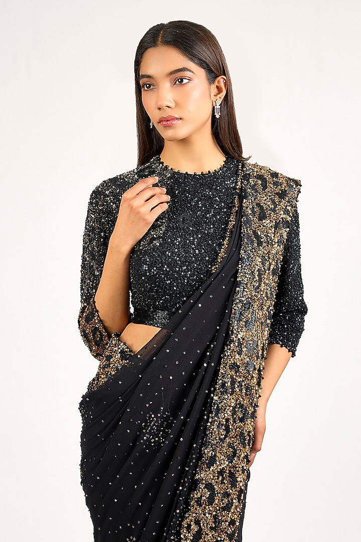 Black Chinon Sequins Embroidered Bridal Saree Set by Nakul Sen at Pernia's Pop Up Shop
