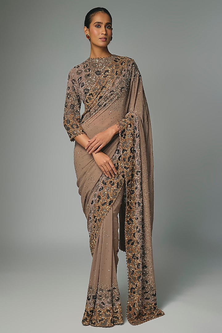 Mouse-Colored Chiffon Sequins Embroidered Bridal Saree Set by Nakul Sen at Pernia's Pop Up Shop