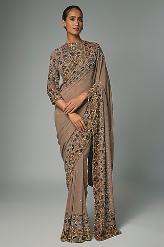 Mouse-Colored Chiffon Sequins Embroidered Saree Set by Nakul Sen