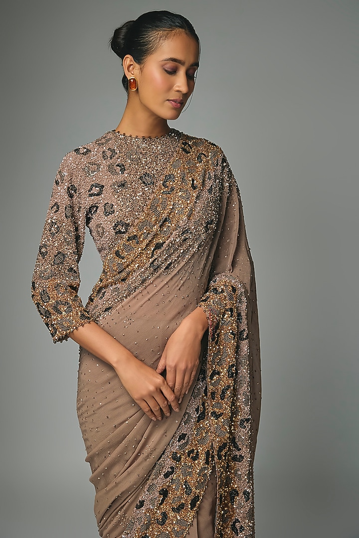 Mouse-Colored Chiffon Sequins Embroidered Bridal Saree Set by Nakul Sen at Pernia's Pop Up Shop
