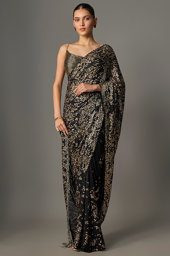 Black Chiffon Thread Embroidered Bridal Saree Set by Nakul Sen at Pernia's Pop Up Shop