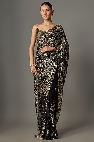 Black Chiffon Thread Embroidered Saree Set by Nakul Sen