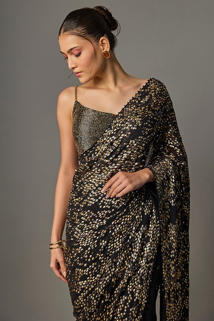 Black Chiffon Thread Embroidered Bridal Saree Set by Nakul Sen at Pernia's Pop Up Shop