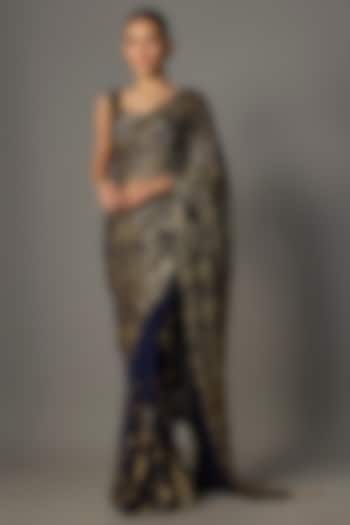 Navy Chiffon Thread Embroidered Bridal Saree Set by Nakul Sen at Pernia's Pop Up Shop