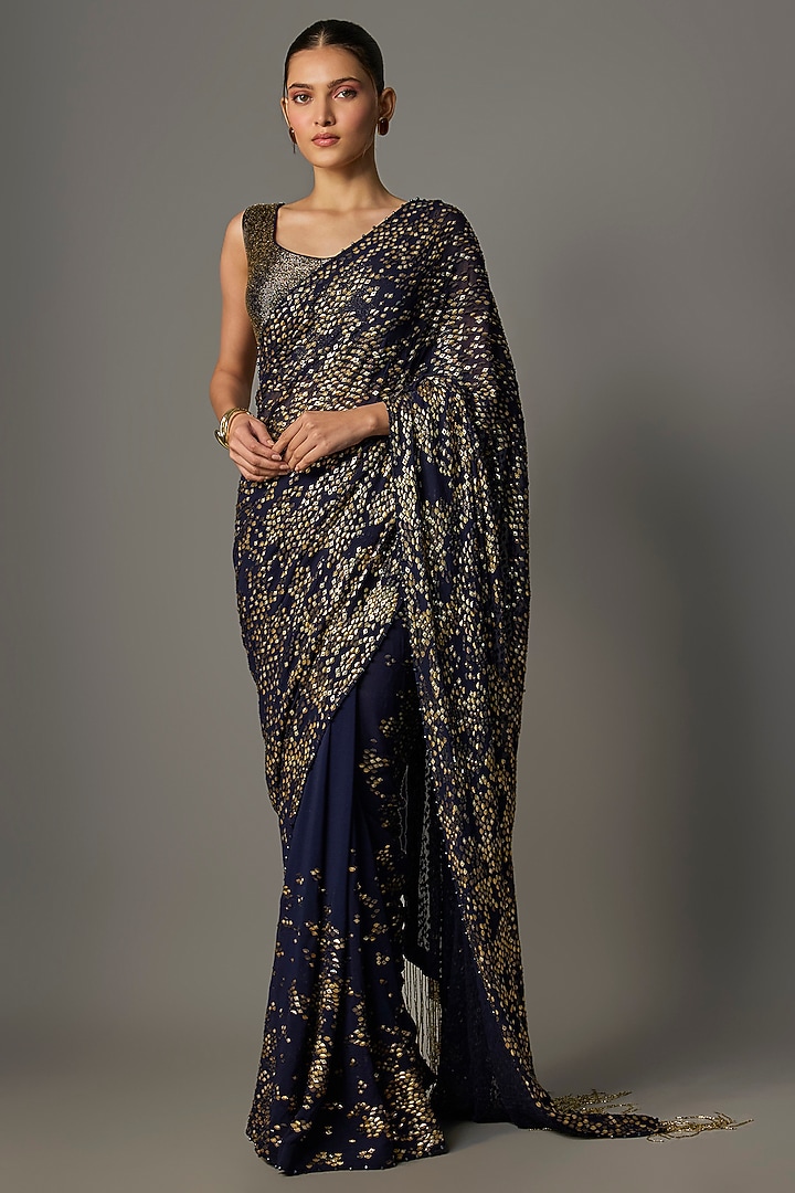 Navy Chiffon Thread Embroidered Bridal Saree Set by Nakul Sen at Pernia's Pop Up Shop