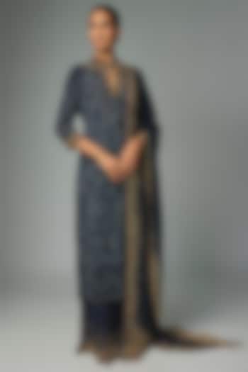 Navy Chiffon Embroidered Kurta Set by Nakul Sen at Pernia's Pop Up Shop